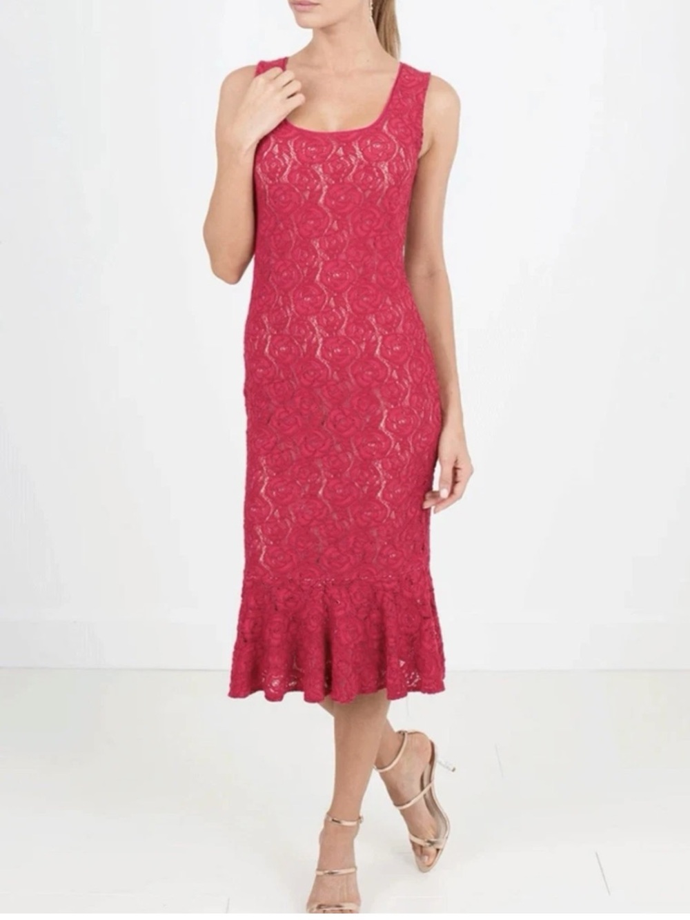 FUZZI Porpora Pink Rose Lace Flounce Midi Dress XL Made in Italy